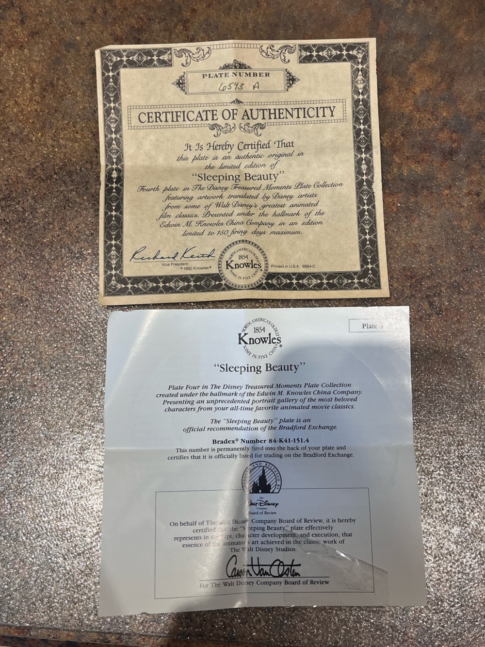 Knowles Certificates for “Sleeping Beauty”